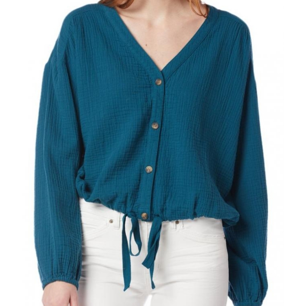 UNIONBAY Teal Button-Front Tie Hem Blouse